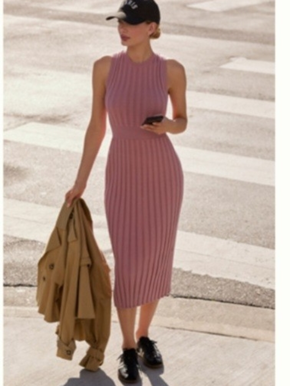 Varley Sleeveless Ribbed Midi Dress in Mauve Pink
